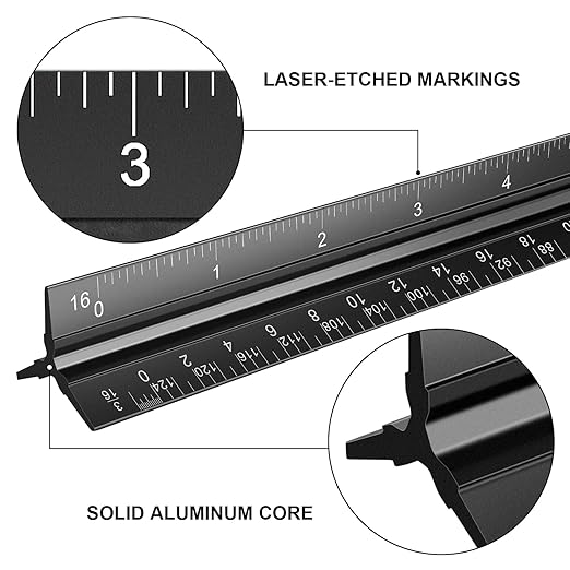 Architectural Scale Ruler Set, 2 Pack 12 Inch Aluminum Architect Ruler with Standard Metal Ruler, Imperial Architect Triangular Ruler with Etching for Architects, Engineers, Students and Draftsman