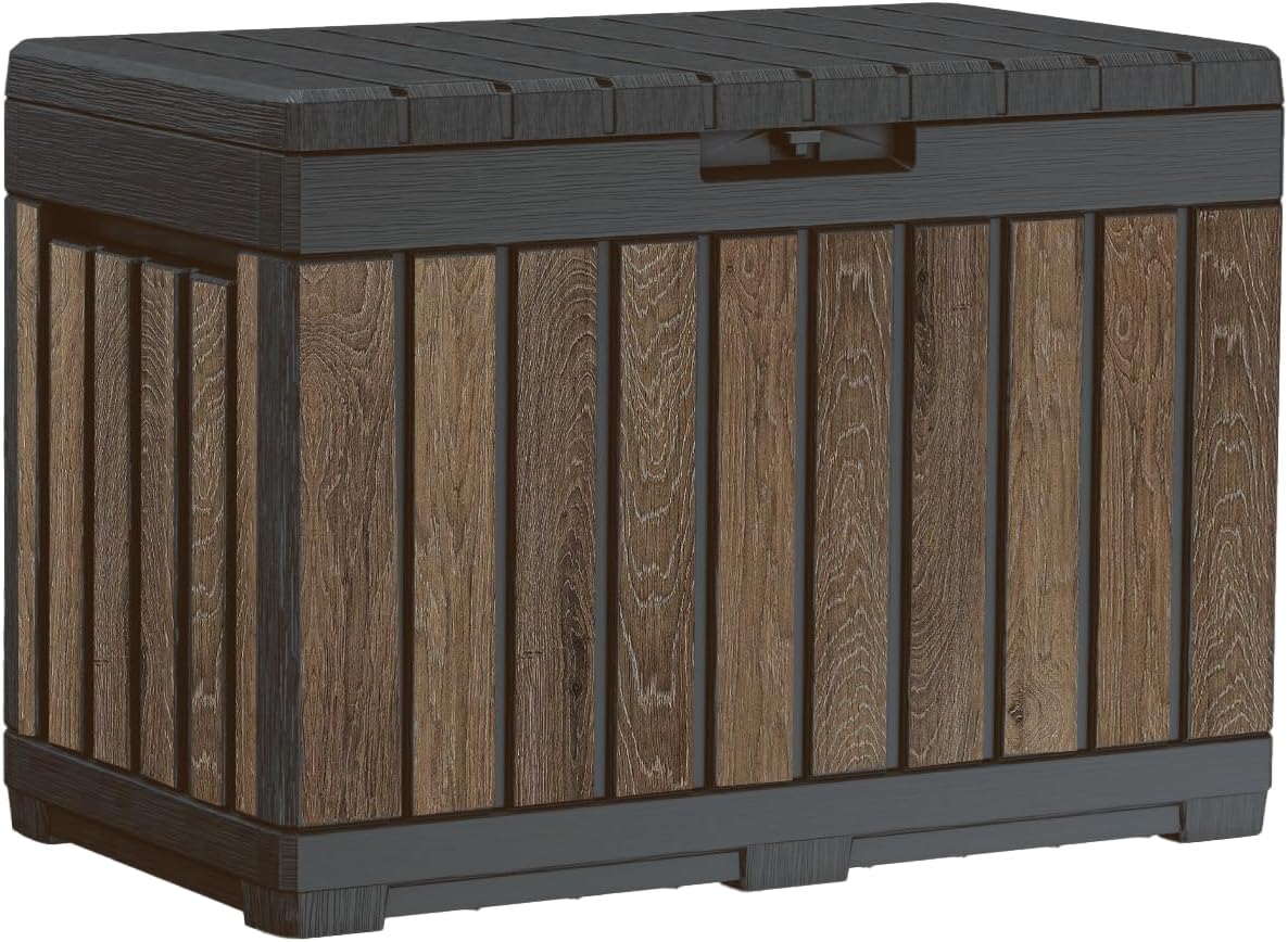 Keter Signature Everwood 50 Gallon Resin Outdoor Storage Box and Patio Furniture Side Table for Pool and Garden Accessories, Walnut