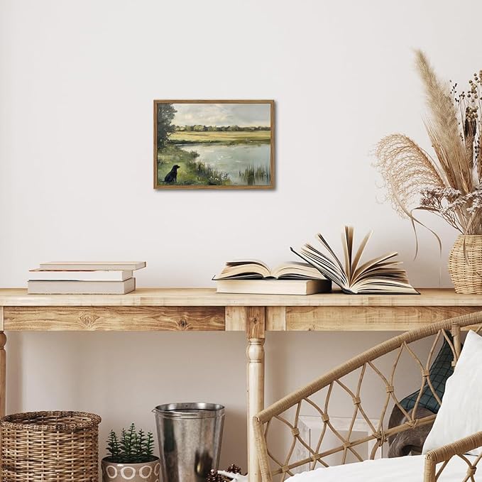 Framed Vintage Hunting Black Dog Wall Art, Rustic Country Nature Landscape