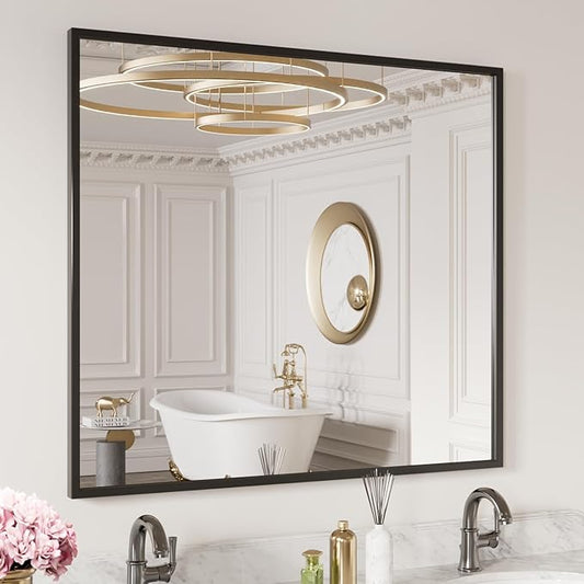 LOAAO 40"X36" Black Rectangle Bathroom Mirror Wall, Matte Black Aluminum Alloy