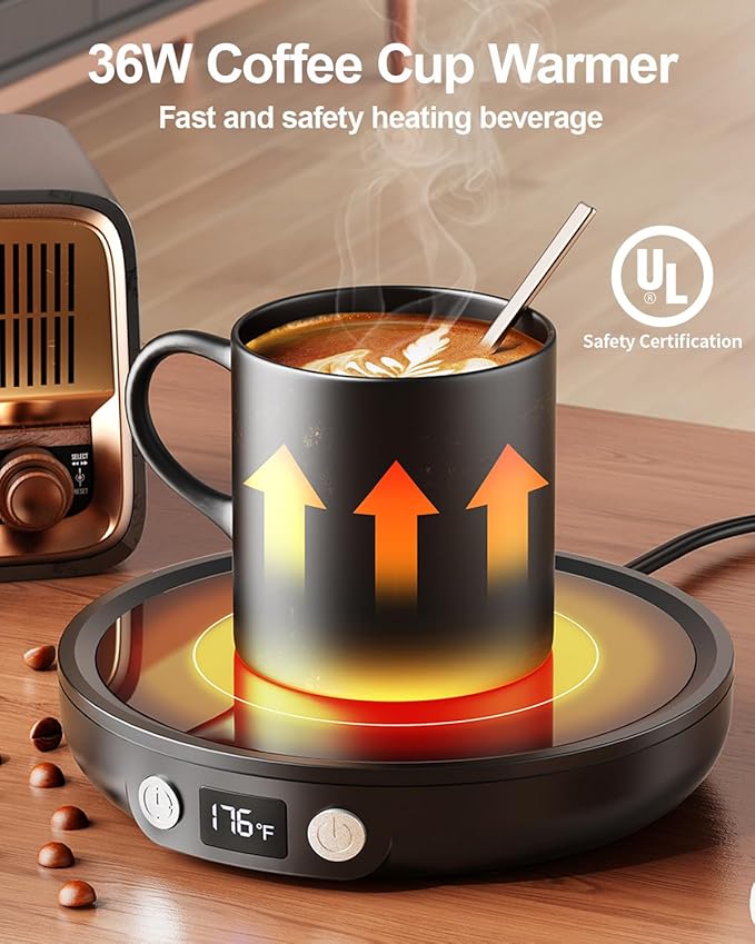 SWEETFULL Mug Warmer - Upgraded 36W Coffee Cup Warmer for Desk with 130℉-176℉ Digital Display, 2-12H Timer Auto Shut Off, Smart Electric Coffee Heating Plate, Ideal Gifts for Women Men - Black