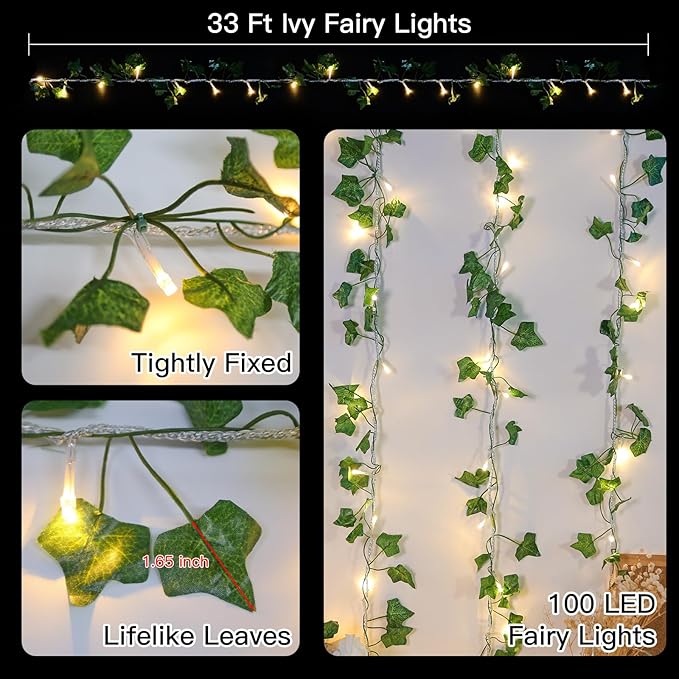 suddus Vine with Fairy Lights Plug in, 33ft 100 LED Ivy String Lights