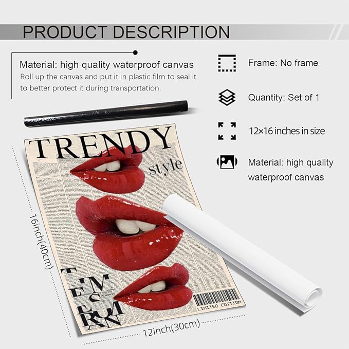 jkahh Trendy Y2k Newspaper Wall Art Vintage Red Lips Kiss Prints Poster Fashion