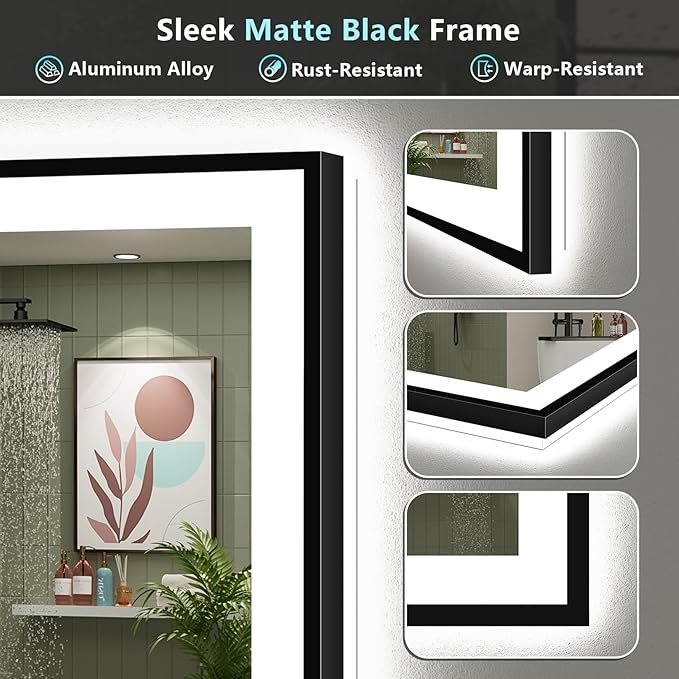 48x32 Black Framed LED Bathroom Mirror