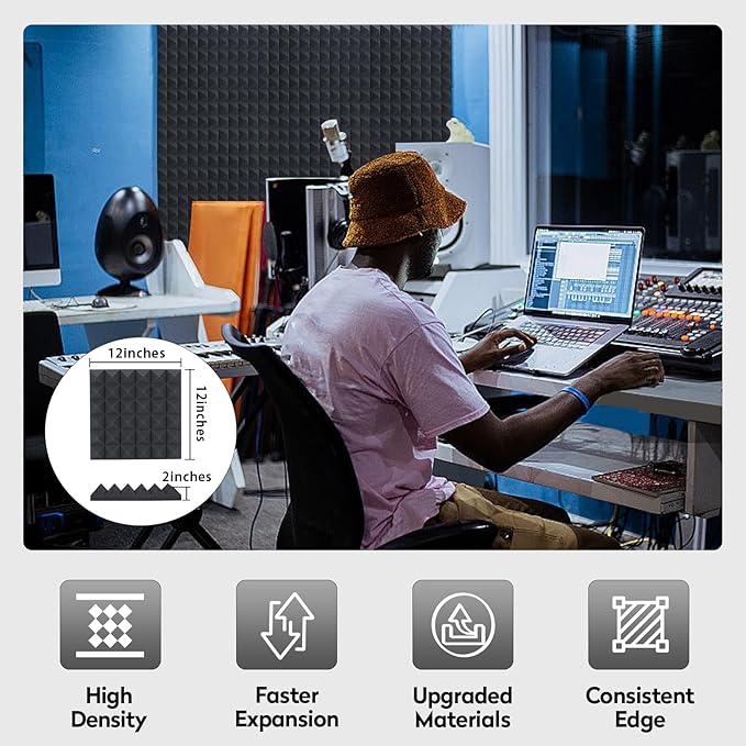24 Pack Self-Adhesive Acoustic Foam Panels, Fire Resistant Soundproof Wall