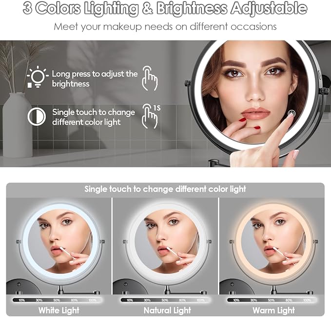 Rocollos 9" Wall Mounted Lighted Makeup Mirror, Large Double Sided 1X/10X