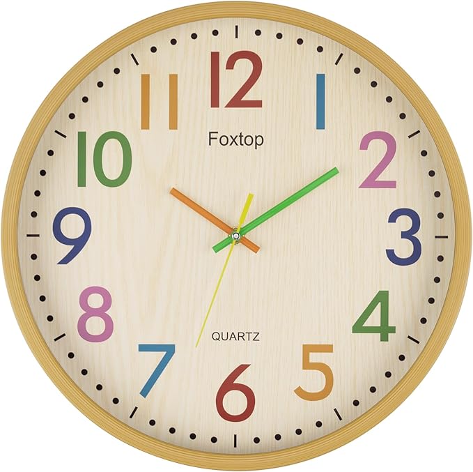 Foxtop 14 Inch Kids Wall Clock Silent Non-Ticking Battery Operated Colorful