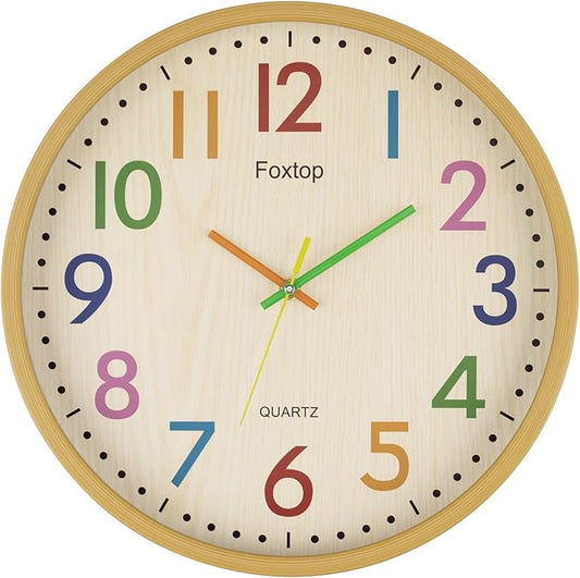 Foxtop 14 Inch Kids Wall Clock Silent Non-Ticking Battery Operated Colorful