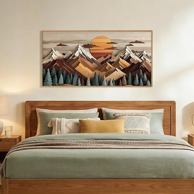 KAIRNE Woodcut Style Mountain Framed Canvas Wall Art Set,Wooden Pine Tree Wall Decor,Vintage Forest Landscape Art Prints,Nature Sunrise Artwork for Living Room,Bedroom,Farmhouse,Office-40 x20 x1