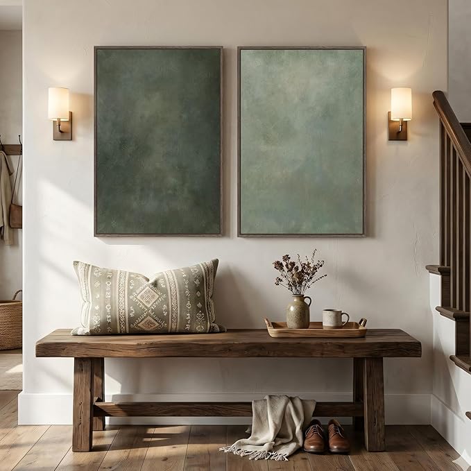 Large Framed Green Abstract Wall Art, 2 Piece Modern Canvas Art Prints Paintings