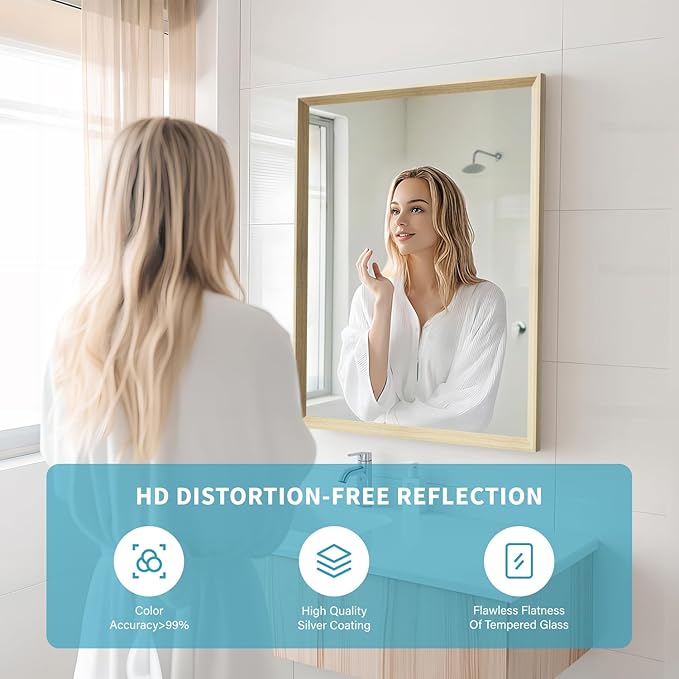 Oak Wood Effect Framed Wall Mirror, 22x30 Rectangle Mirror, Anti-desilvering
