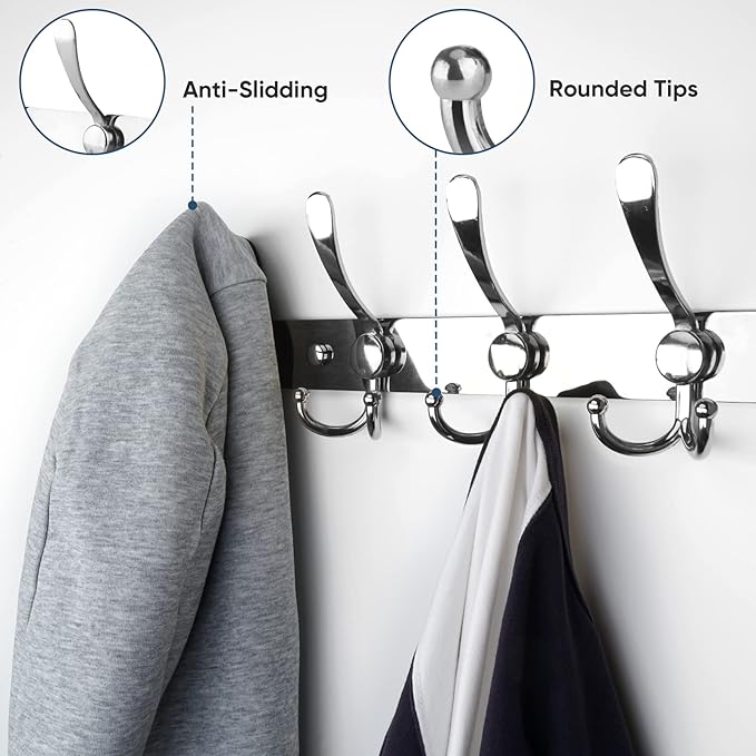 TICONN Wall Mounted Coat Rack, Five Heavy Duty Tri Hooks All Metal Construction
