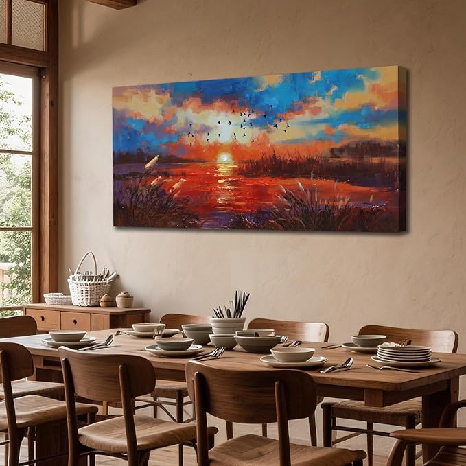 Anolyfi Sunset Wall Art for Living Room, Reed Lake Wall Decor Red Artwork for