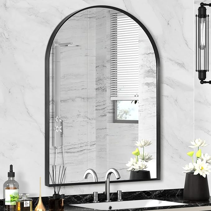 22" x 30" Black Arched Mirror, Arch Wall Mirror, Metal Frame Black Bathroom
