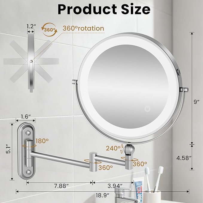 9" Wall Mounted LED Lighted Makeup Vanity Mirror - 4000mAh Rechargeable Double