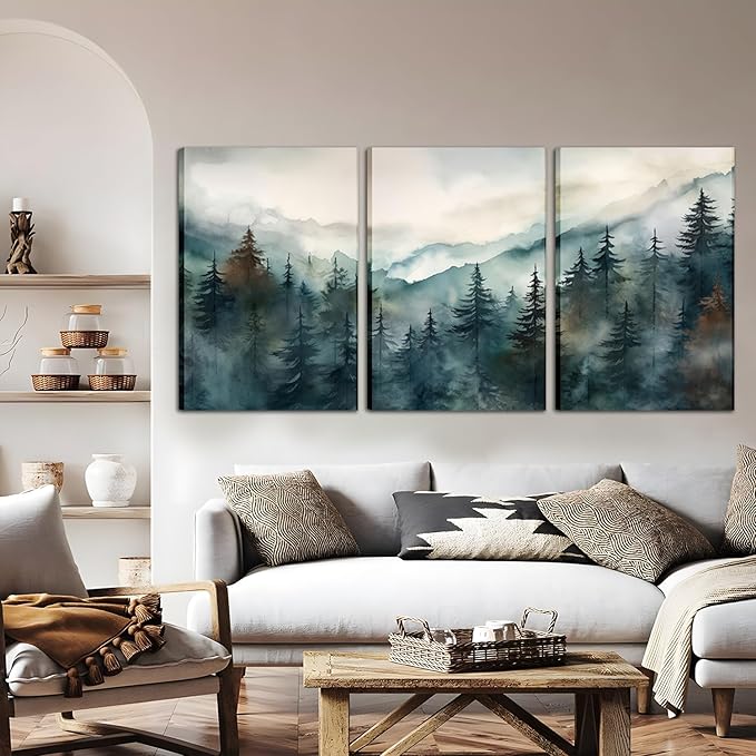 AKWISH Framed Green Forest Canvas Wall Art Set of 3, Boho Misty Watercolor Pine