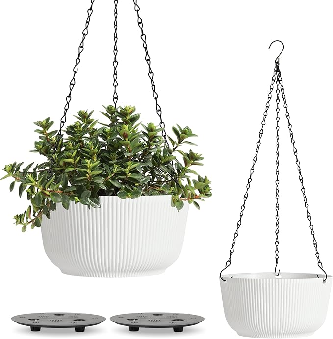 T4U Hanging Planter Self Watering 8 Inch, 2 Pack White Indoor Outdoor Hanging Plant pots, Hanging Flower Pot with Drainage Hole & Plug & Chain with 3 Hooks for Garden Home Decor