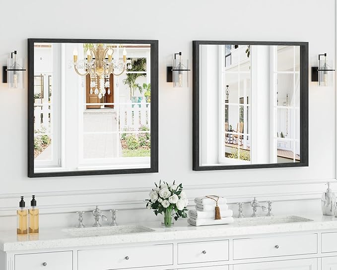 Syndra Square Black Wood Frame Bathroom Mirror, Waterproof Slim Deep Frame
