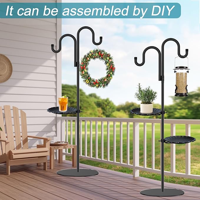 Upgraded 74" Shepherd's Hook Stand plant，Bird Feeder，Wind Chime Hanger Stand, Waterproof Metal & Adjustable-Height Standing Pole Holder for Lantern and Wreath, Indoor & Outdoor（2 Placement Racks)