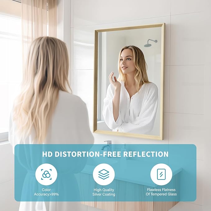 Oak Wood Effect Framed Wall Mirror, 20x30 Rectangle Mirror, Anti-desilvering