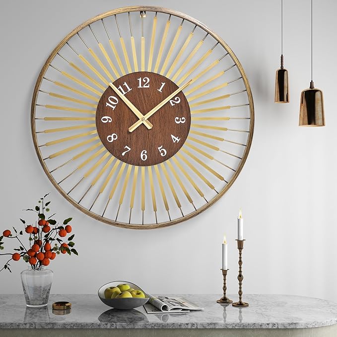 24 Inch Mid-Century Modern Wall Clock, Round Frame Metal Design