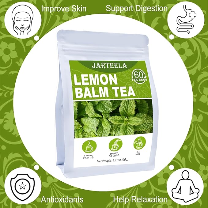 Jarteela Lemon Balm Tea, 1.5g x 60 Count - Natural Melissa Officinalis - Pyramid Herbal Lemon Balm Tea Bags for Digestion - Non-GMO - Caffeine-Free