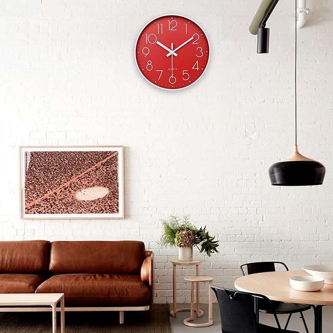 Red Wall Clock 12 Inch Silent Non-Ticking Modern Quartz Wall Clocks Battery