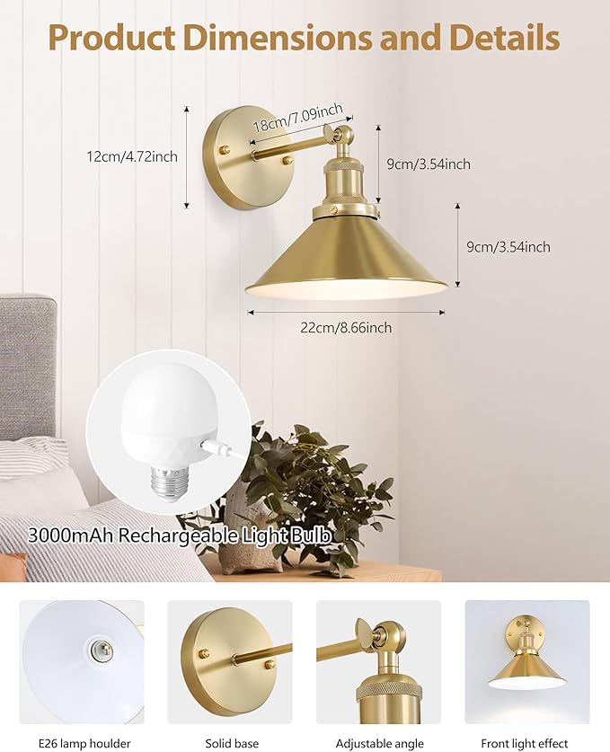 Bailoch Gold Vintage Wireless Battery Operated Wall Sconces, Rechargeable