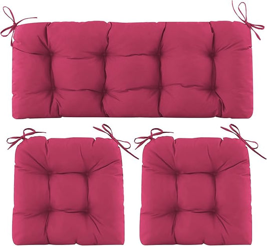 Wicker Chair Cushions of 3 Pieces, Waterproof Cushions for Patio Furniture, Tufted Wicker Outdoor Furniture Cushions, 1 Patio Loveseat Cushion and 2 U-Shaped Cushions, 44"x19"x5", Burgundy