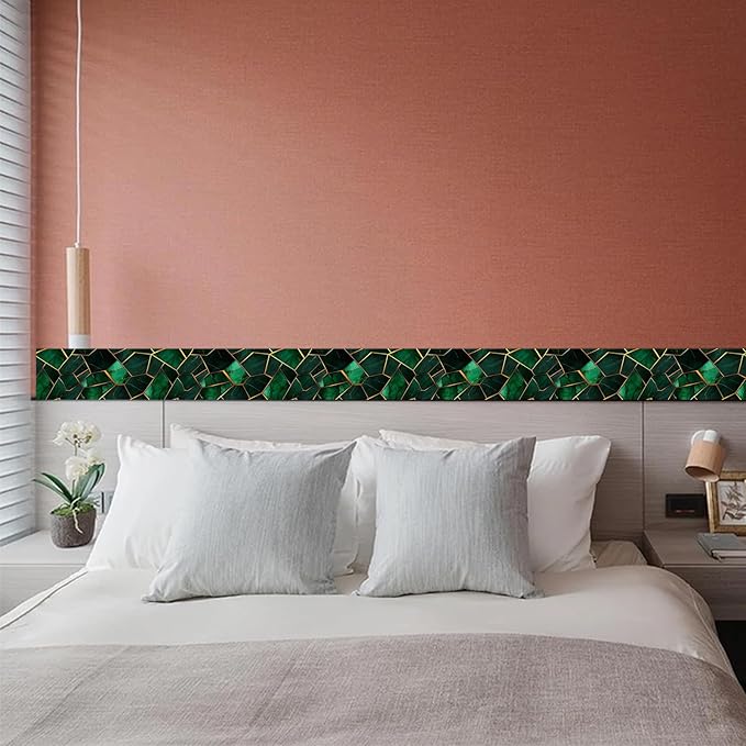 HOMETITUTE Wallpaper Border Peel and Stick Wall Border Emerald Tile Geometric