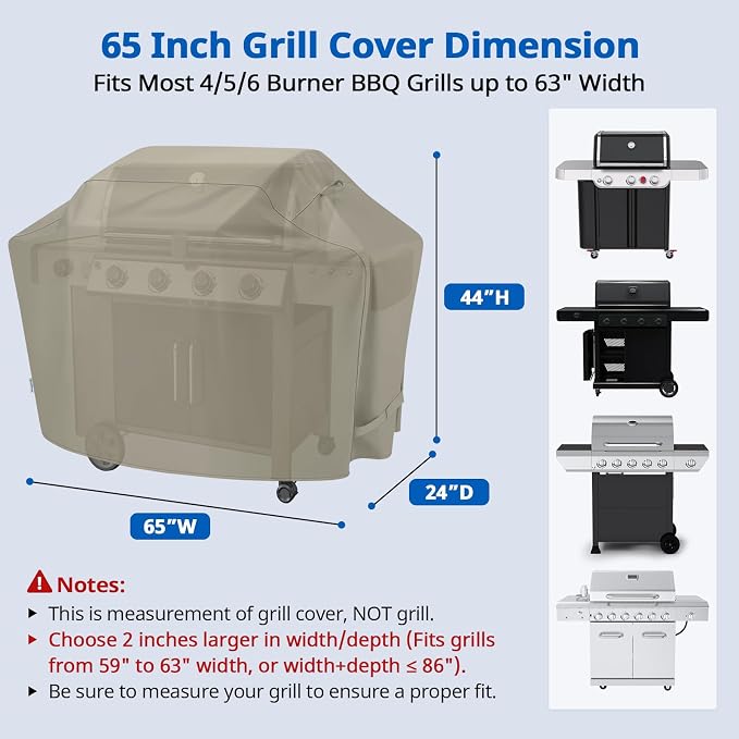 SunPatio BBQ Grill Cover for Outdoor Grill 65 Inch, Heavy Duty Waterproof Barbecue Cover with Sealed Seam, FadeStop All Weather Protection Compatible for Weber CharBroil Nexgrill and More, Taupe