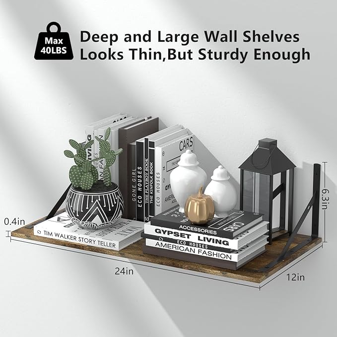 Deep Floating Shelves for Wall Set of 3, 24W x 12 Inch Deep Floating Shelves