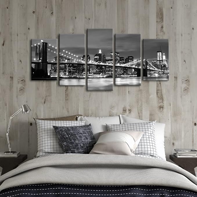 Wieco Art New York Brooklyn Bridge Canvas Wall Art Night View 5 Panels Modern