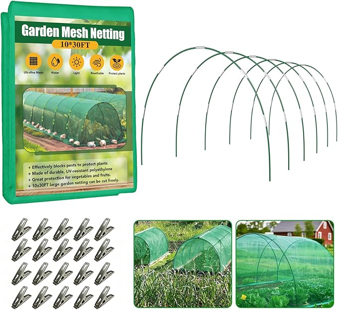 Garden Mesh Netting Kit for Raised Beds, 10x30FT Green Garden Netting ï¼6 Sets Fiberglass Garden Hoops, Row Cover Garden Netting Pest Barrier Plant Protection for Vegetable Flowers Fruits
