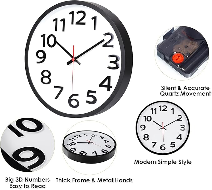 Wall Clock 12 Inch Silent Non-Ticking Big Numbers Easy to Read Wall Clocks