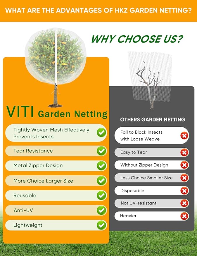 VITI Fruit Tree Netting for Cicadas - with 4Pcs 8Ftx5.3Ft Zipper&Drawstring Protection for Your Fruit Trees Garden Bird Netting Covers Blueberry Bush Tomato Bug Plant Protection Cherry Apple Tree