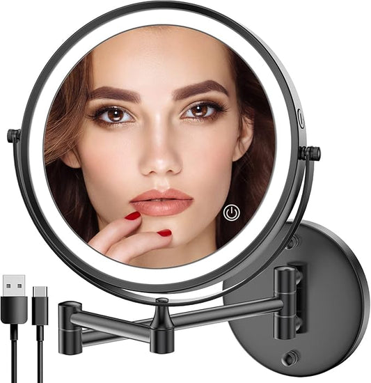 Rocollos Rechargeable Wall Mounted Lighted Makeup Mirror, 8 Inch Double-Sided