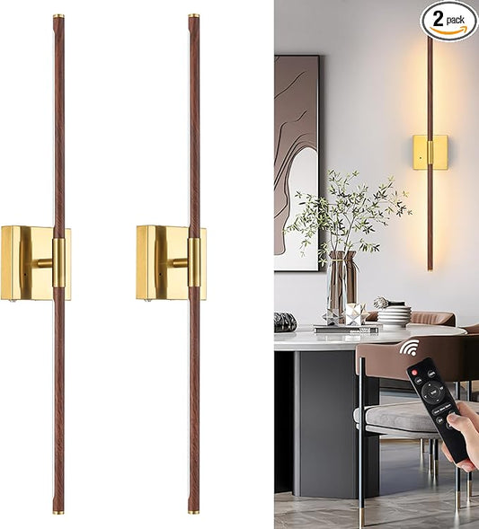 Morauroral 40″ Walnut Battery Operated Wall Sconces Set of Two, Dimmable Wall