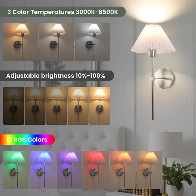 Wireless Wall Sconce Sets of 2, Pleated Shades Rechargeable Battery Operated