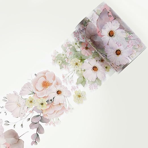 WT Blush Wide PET Tape, Single Roll, Original Designs, Watercolor Pink Floral Decorative Tape, Transparent Adhesive for Journaling, Scrapbooking, Bujo Planner DIY Craft Supplies