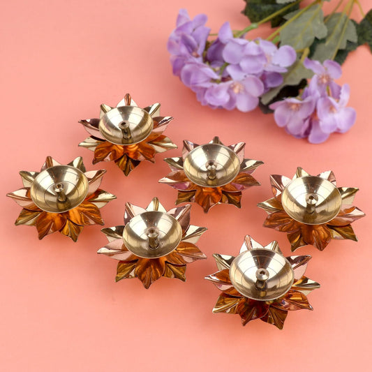 Craftsman Brass Copper Diya Set - 6 Pc Lotus Flower Petals for Diwali Home Temple Decoration, Model LD