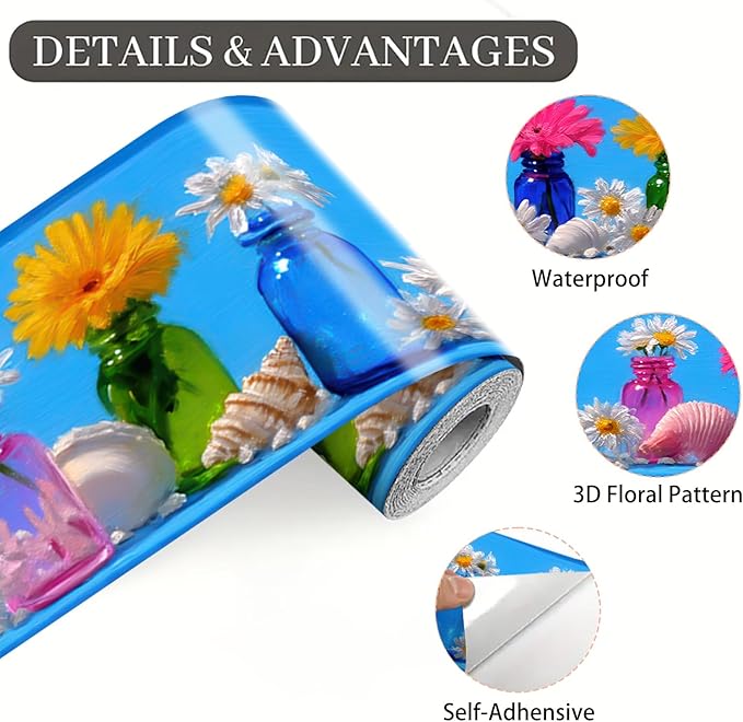 Wildflower Vase Wallpaper Border 196x4 Inch Removable Wall Border Peel and