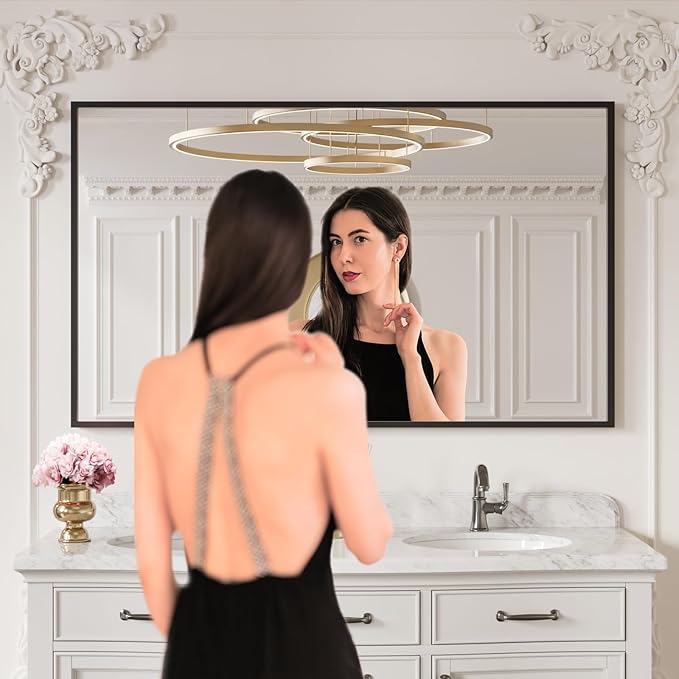 LOAAO 60"X30" Black Rectangle Bathroom Mirror Wall, Matte Black Aluminum Alloy