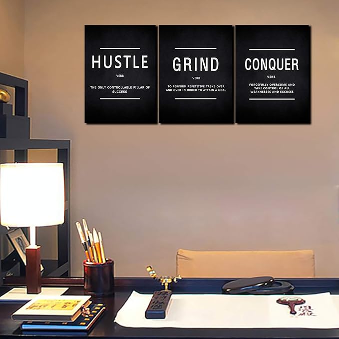 KAWAHONE Grind Hustle Conquer Success Wall Art, Motivation Canvas Wall Decor