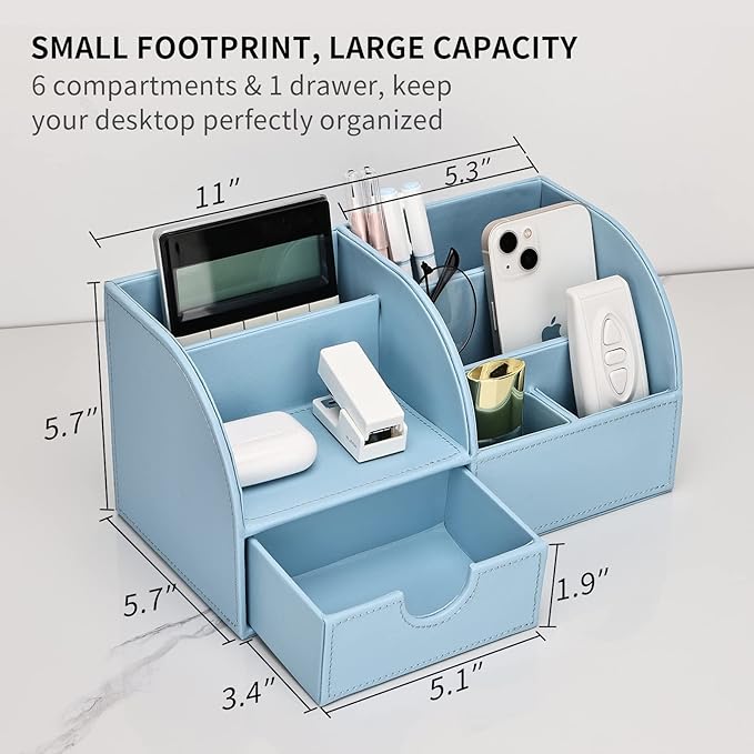 KINGFOM Pu Leather Desk Organizer Pen Pencil Holder Office Supplies Caddy Storage Box 6 Compartments with Drawer Blue