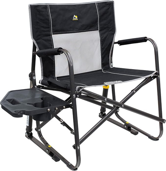 GCI Outdoor Freestyle Rocker XL with Side Table Camping Chair | Portable Folding Rocking Chair with Solid, Durable Armrests, Drink Holder & Comfortable Backrest â Black