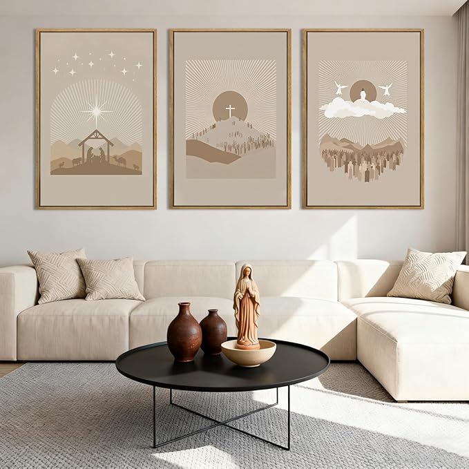 IARTTOP Extra Large Jesus Framed Wall Art 24x36 Inch Set of 3 Easter Brown Nativity Christian Canvas Wall Decor Grey Bible Verse Artwork for Church Living Room Bedroom