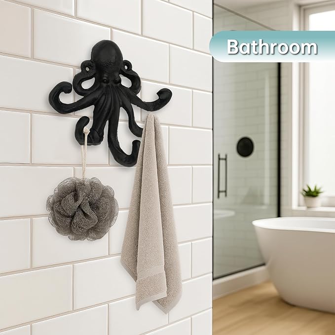 Octopus Cast Iron Wall Hook – Nautical Decorative Key Holder, Coastal Ocean