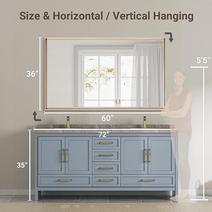 60 x 36 Gold Bathroom Mirror, Brushed Gold Beveled Bathroom Mirror,