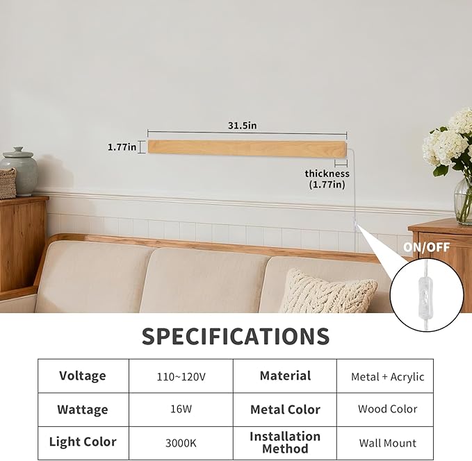 Modern Plug in Long Wall Sconce, 31.4 inch Faux Wood Texture Finish LED Wall